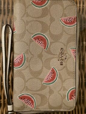 Coach Beige Signature Wristlet with Pink & Green Watermelon Print